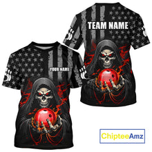 Load image into Gallery viewer, T-shirt with grim reaper design holding red bowling balls, customizable text, and ChipteeAmz branding.