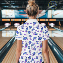Load image into Gallery viewer, Women wearing a white shirt with cat pattern in a bowling alley.