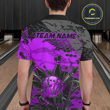 Load image into Gallery viewer, Person wearing a bowling shirt with a purple and black design in a bowling alley.