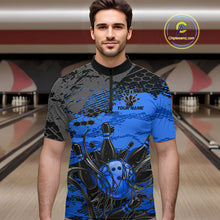 Load image into Gallery viewer, Man wearing a blue and black bowling shirt with a personalized design in a bowling alley.