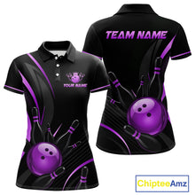 Load image into Gallery viewer, Black and purple bowling-themed polo shirt with customizable text, Chiptee Amz branding visible.