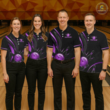 Load image into Gallery viewer, Four people wearing matching bowling shirts on a bowling alley.