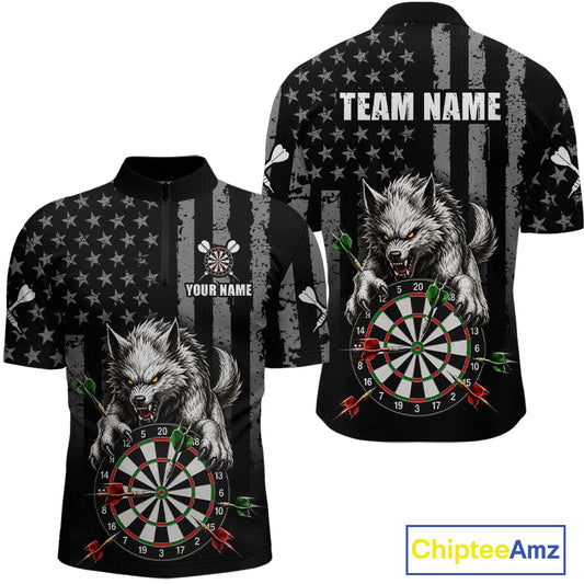 Custom short-sleeve polo shirt shown from the front and back, featuring a black and gray distressed American flag design with a large gray wolf and dartboard graphic, plus placeholder text 'TEAM NAME' and 'YOUR NAME'.