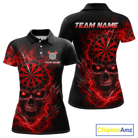 Black short-sleeve polo shirt shown from front and back, featuring a red and black skull with glowing eyes, a dartboard graphic, red flame-like effects, and customizable text areas including 'TEAM NAME' and 'YOUR NAME'.