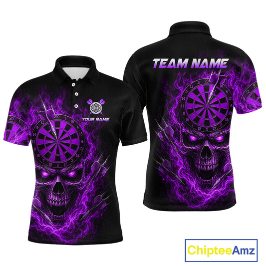 Black short-sleeve polo shirt shown from the front and back, featuring a large purple skull and dartboard graphic with electric purple lightning effects. The back has 'TEAM NAME' printed across the shoulders, and the front has a small chest logo area reading 'YOUR NAME'.