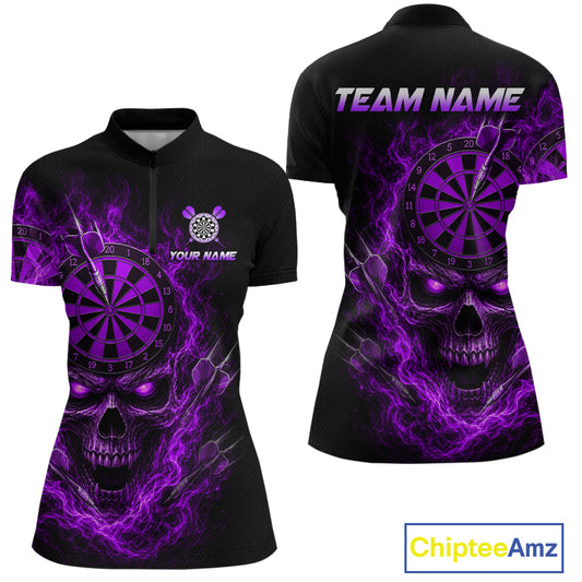 Black short-sleeve women's polo shirt shown from front and back, featuring a purple and black skull with lightning effects, a dartboard graphic, and customizable text including 'TEAM NAME' and 'YOUR NAME'.