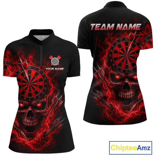 Black short-sleeve polo shirt shown from front and back, featuring a red and black skull with dart marks and a dartboard graphic, plus customizable text areas on the chest and back. A ChipteeAmz logo appears in the bottom right corner.