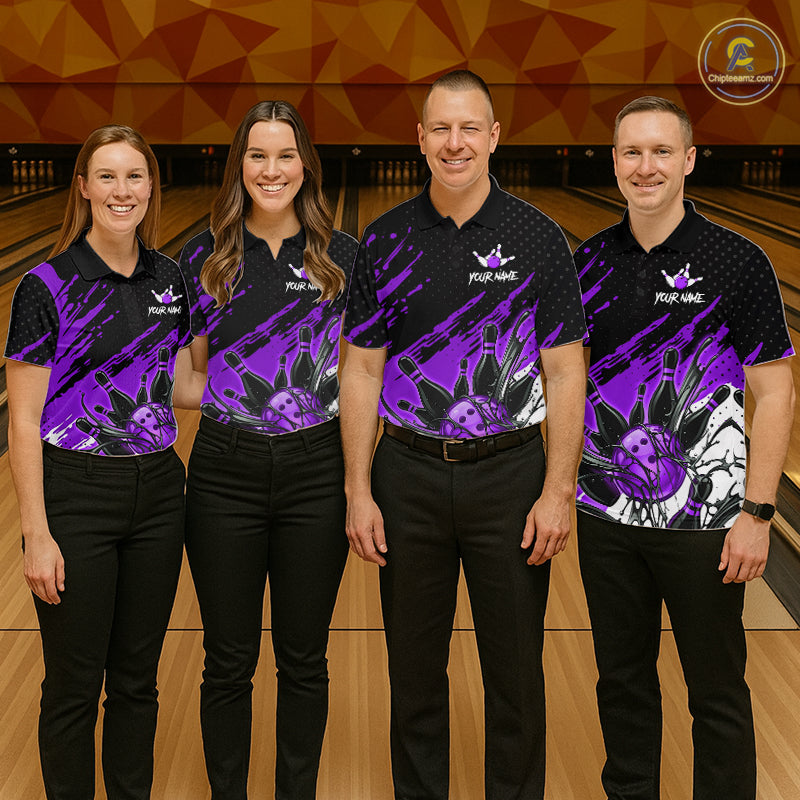 Custom Purple Bowling Jerseys For Women, Personalized Bowling Team Shirts Bowling Pin And Ball HNT283