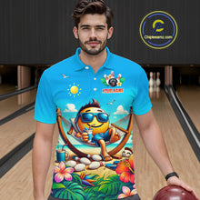 Load image into Gallery viewer, Man wearing a summer polo shirt with a colorful design in a bowling alley