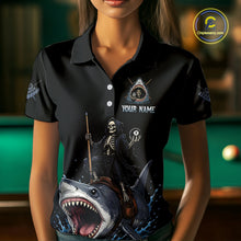 Load image into Gallery viewer, Black polo shirt with a skeleton and shark design, featuring 'Your Name' text, worn by a person in a pool hall setting.
