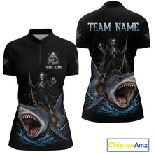 Load image into Gallery viewer, Black polo shirt with skeleton and shark design, customizable text on a white background