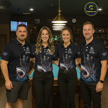 Load image into Gallery viewer, Four people wearing matching polo shirts with a shark design in a bar setting.