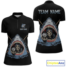 Load image into Gallery viewer, Black polo shirt with shark and skull design on front and back, customizable text.