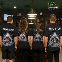 Load image into Gallery viewer, Four people wearing black t-shirts with a shark and skull design on the back, standing in a room with pool tables.