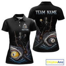 Load image into Gallery viewer, Black polo shirt with skeleton design and pool ball elements, featuring 'Team Name' and 'Your Name' text on a white background.