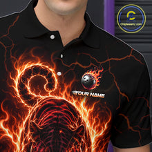 Load image into Gallery viewer, Black polo shirt with fiery design and bowling ball graphic, featuring a brand logo in the corner.