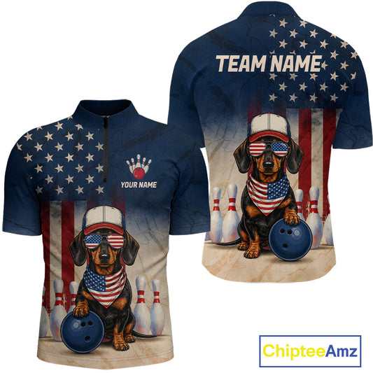 American flag-themed shirt with a dachshund graphic and customizable text on a white background.