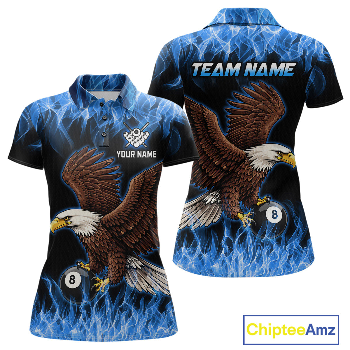 Custom Blue Flame Eagle 8 Ball Billiard Shirts for Women Billiard League Billiard Team Shirts NNT107