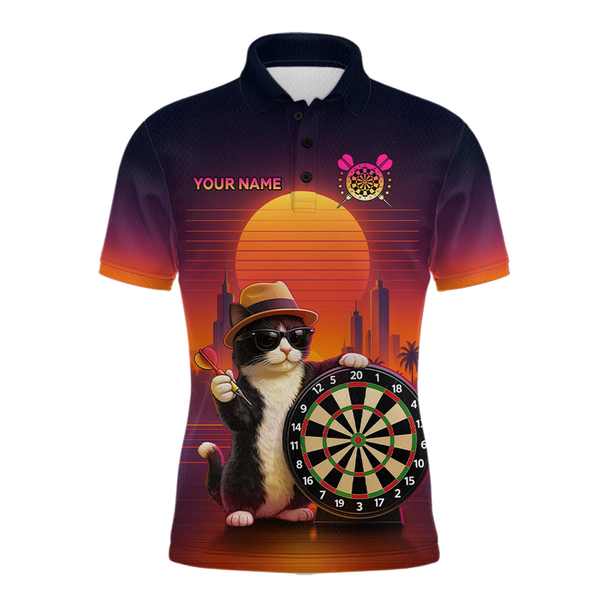 Funny Cat Retro Dart Shirts For Men Custom Dart Board Shirts Polo & 1/4 Zip Dart Jersey Team NNT124