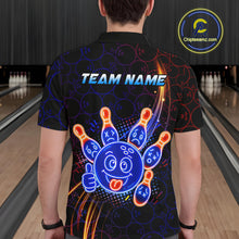 Load image into Gallery viewer, Man wearing a polo with neon blue and orange cartoon bowling ball and pin graphics, plus custom team name text.