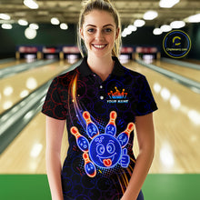 Load image into Gallery viewer, Woman wearing of a black bowling polo shirt with neon blue and orange cartoon bowling ball and pin graphics, plus custom player name text.