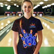 Load image into Gallery viewer, Woman wearing of a black bowling quarter zip shirt with neon blue and orange cartoon bowling ball and pin graphics, plus custom player name text.