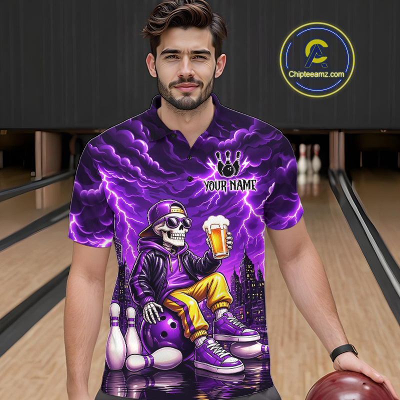 Custom Funny Beer Skull Purple Bowling Shirt for Men Bowling Team Jersey Bowling League HNT296