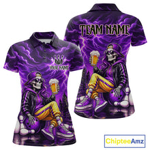 Load image into Gallery viewer, Custom Funny Beer Skull Purple Bowling Shirt for Women Bowling Team Jersey Bowling League HNT296