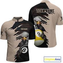 Load image into Gallery viewer, Front and back views of a beige and black billiards quarter zip shirt featuring a fierce bald eagle emerging through a torn-rip graphic, with custom “TEAM NAME” and “YOUR NAME” text areas and 8-ball and 9-ball designs.