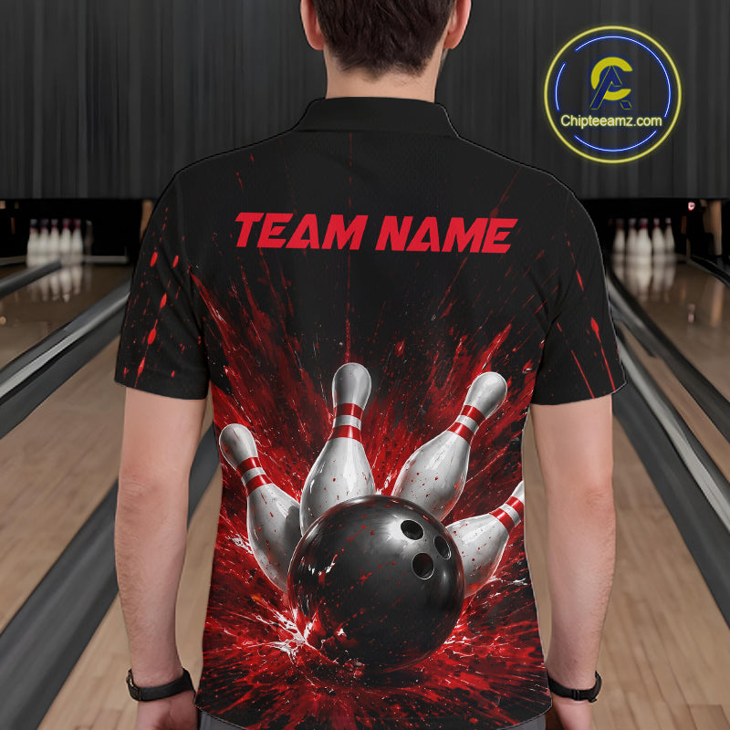 Man wearing a black bowling polo shirt with dramatic red splatter graphics, a large black bowling ball, and flying pins, plus custom team name text.