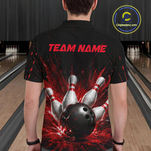 Load image into Gallery viewer, Man wearing a black bowling polo shirt with dramatic red splatter graphics, a large black bowling ball, and flying pins, plus custom team name text.