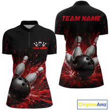 Load image into Gallery viewer, Front and back views of a black bowling  quarter zip shirt with dramatic red splatter graphics, a large black bowling ball, and flying pins, plus custom team and player name text.