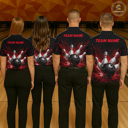 Four people wearing a black bowling quarter zip shirt with dramatic red splatter graphics, a large black bowling ball, and flying pins, plus custom team name text.