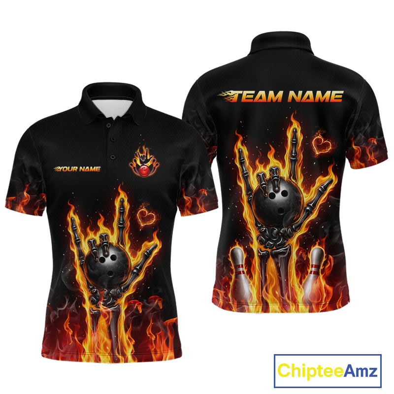 Black short-sleeve polo shirt shown from front and back with a bowling-themed flame graphic featuring a bowling ball, flaming hand, pins, and customizable text areas reading 'TEAM NAME' and 'YOUR NAME'.
