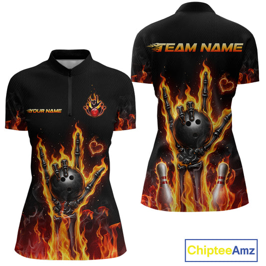 Black short-sleeve women's quarter-zip performance shirt with a bowling-themed flame graphic, shown in front and back views. The design features a black bowling ball with skeletal hands, orange and yellow flames, and customizable text placeholders 'TEAM NAME' and 'YOUR NAME'.