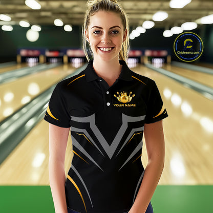 Custom Black Gold Crown Bowling Team Shirts Bowling Jersey for Women Bowling League HNT461