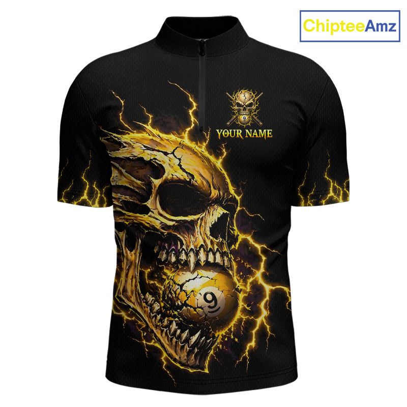 Custom Yellow Flame Skull 9 Ball Cracked Billiard Shirt for Men Billiard Team Jersey NNT195