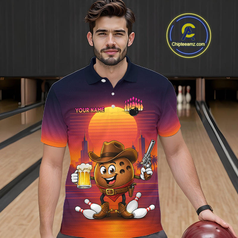 A man wearing a short-sleeve polo shirt with a colorful bowling-themed graphic print, standing in a bowling alley. The shirt features a gradient from dark navy to orange and yellow, with a cartoon character wearing a cowboy hat and holding a beer glass.
