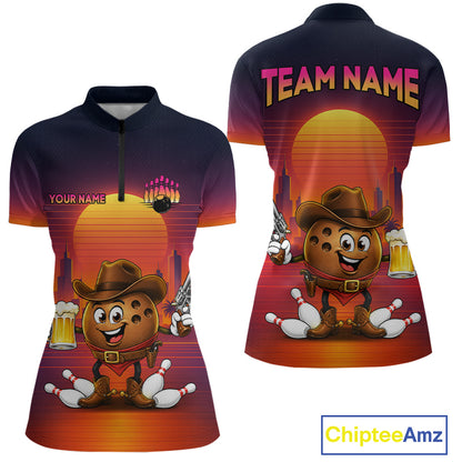 Custom Funny Cowboy Beer Bowling Team Shirts Retro Sunset Bowling Jersey for Women HNT463