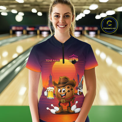 Custom Funny Cowboy Beer Bowling Team Shirts Retro Sunset Bowling Jersey for Women HNT463