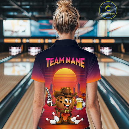 Custom Funny Cowboy Beer Bowling Team Shirts Retro Sunset Bowling Jersey for Women HNT463