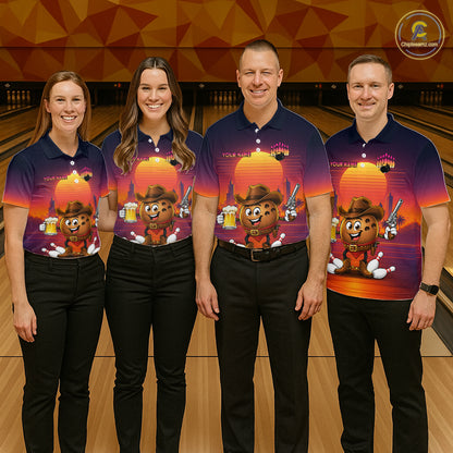 Four people standing in a bowling alley wearing matching custom-printed polo shirts with a cartoon bear graphic and a sunset gradient design. The shirts feature a brown bear wearing a cowboy hat and boots, holding a beer mug and a revolver, with the text 'YOUR NAME' and 'TEAM NAME' printed on the front.