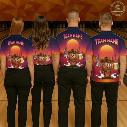 Custom Funny Cowboy Beer Bowling Team Shirts Retro Sunset Bowling Jersey for Women HNT463