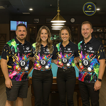 Four people wearing colorful billiard team shirts in a billiard alley