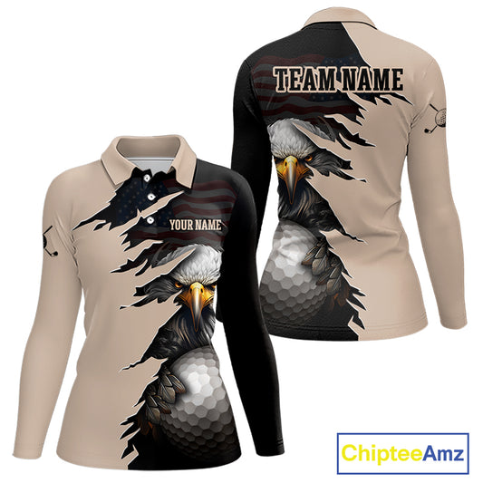 Personalized Eagle Golf Polo Shirt for Women featuring a patriotic American flag design, fierce bald eagle holding a golf ball, custom name and team name, beige and black performance golf jersey for golfers and golf teams.