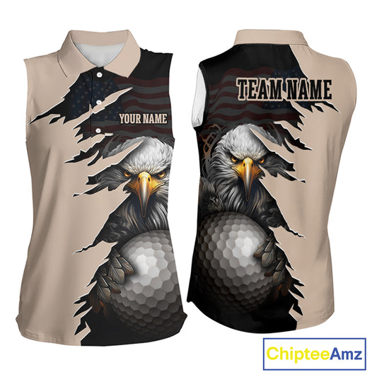 Personalized Eagle Golf Sleeveless Polo Shirt featuring a fierce bald eagle holding a golf ball, distressed American flag design, custom name and team name, beige and black performance golf jersey for men and women.