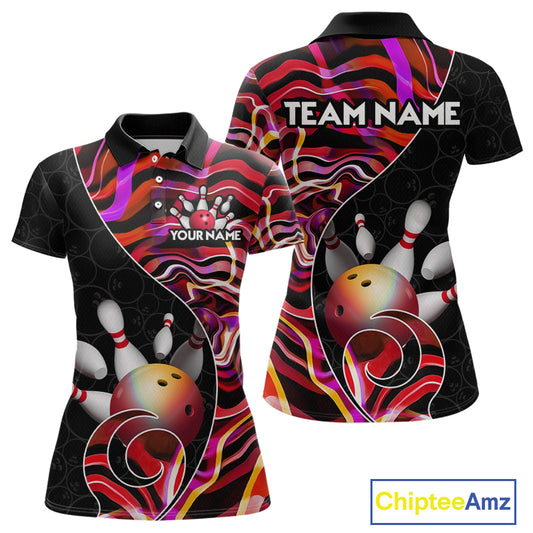 Custom Red Neon Wave Bowling Team Shirts, Strike Bowling Shirts For Women Bowling Jersey HNT465