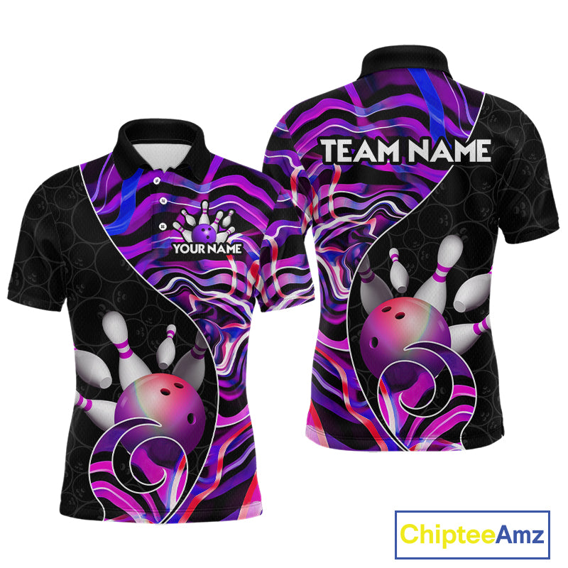 Custom Purple Neon Wave Bowling Team Shirts, Strike Bowling Shirts For Men Bowling Jersey HNT465