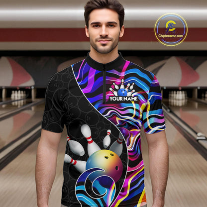 Custom Blue Neon Wave Bowling Team Shirts, Strike Bowling Shirts For Men Bowling Jersey HNT465
