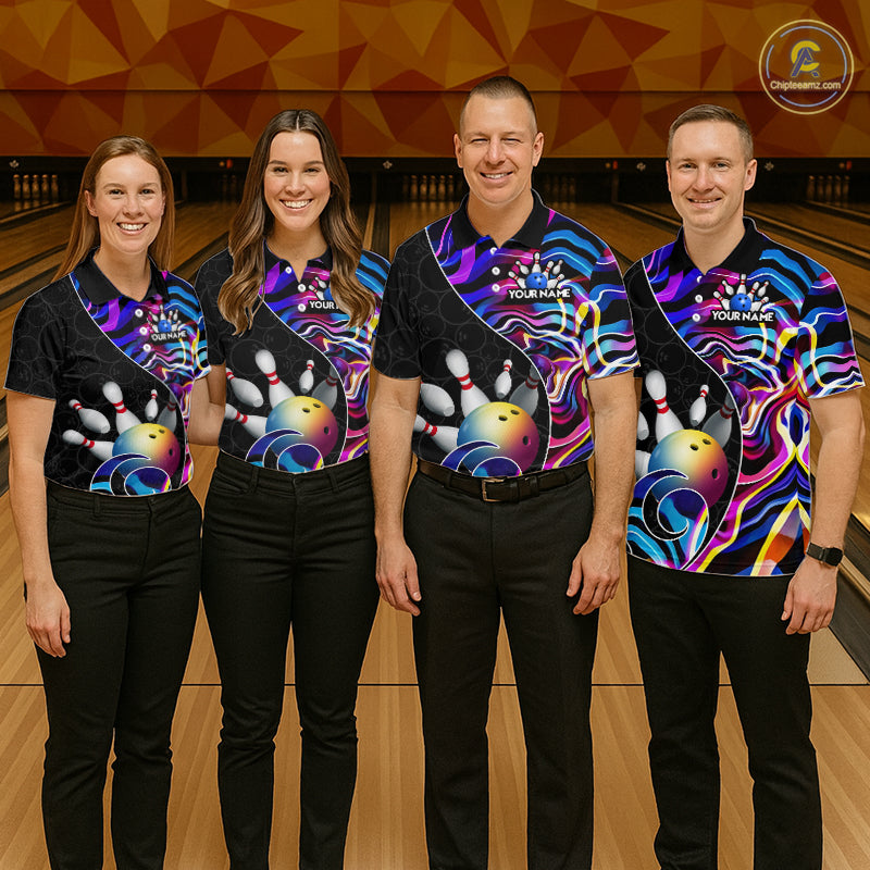 Custom Blue Neon Wave Bowling Team Shirts, Strike Bowling Shirts For Men Bowling Jersey HNT465